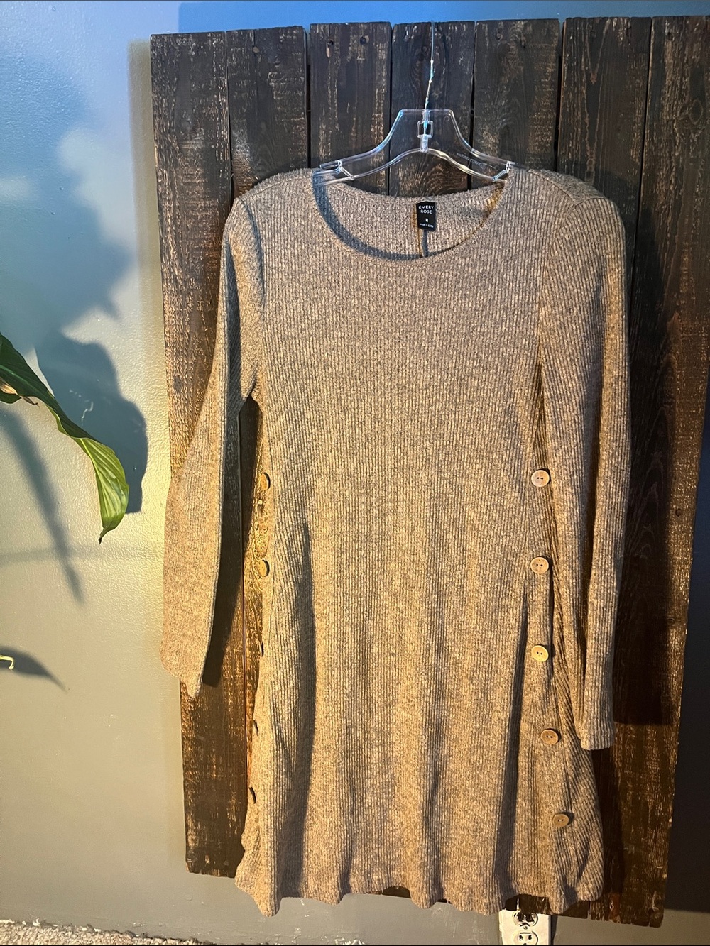 Cozy Taupe Ribbed Long-Sleeve Button-Accent Dress